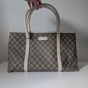 Authentic Gucci GG Supreme Medium Joy Tote – Ivory Leather Trim